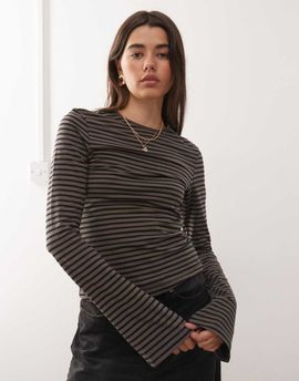 Weekday Weekday flare long sleeve top in dark mole & black stripes