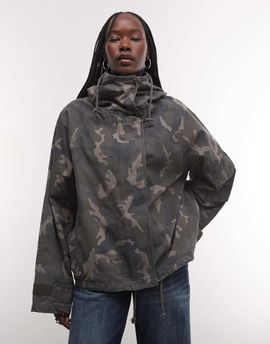 Weekday Weekday funnel neck jacket with hood in camo-Green