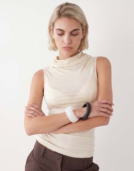 Weekday Weekday funnel neck slim fit top in beige-Neutral