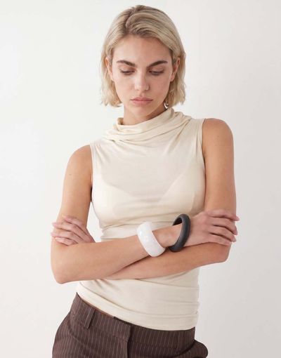 Weekday Weekday funnel neck slim fit top in beige-Neutral