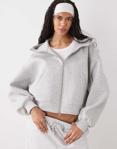 Weekday Weekday funnel neck zip up scub-style hoodie in gray melange