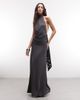 Weekday Weekday halter neck scarf detail maxi dress with drop waist in dark gray - 2
