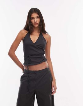 Weekday Weekday halter neck wrap top in off black
