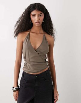 Weekday Weekday halter wrap top in mole-Brown