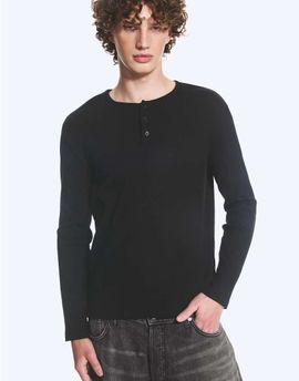 Weekday Weekday Henley long sleeve ribbed T-shirt in black