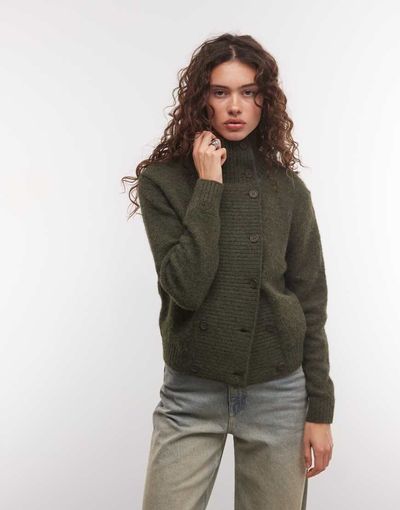 Weekday Weekday high neck button cardigan in dark green melange