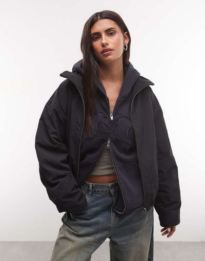 Weekday Weekday high neck track jacket with borg fleece lining in black