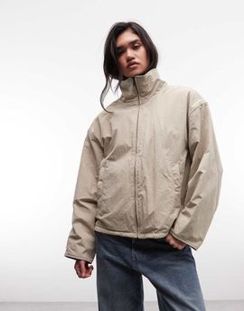 Weekday Weekday high neck track jacket with teddy fleece lining in beige-Neutral