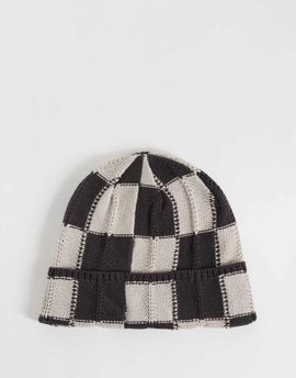 Weekday Weekday knitted beanie in dark brown and off-white check