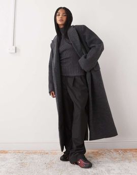 Weekday Weekday Logan wool blend hairy oversized double breasted coat in dark gray melange