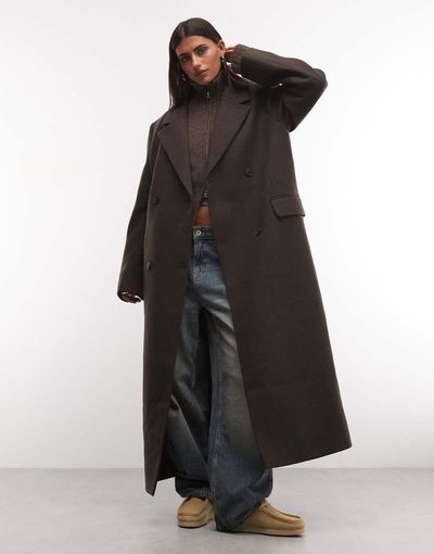 Weekday Weekday Logan wool blend oversized coat in dark brown melange