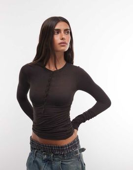 Weekday Weekday long sleeve henley T-shirt in dark brown exclusive to ASOS