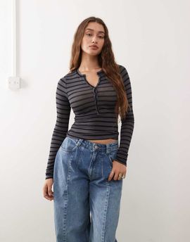 Weekday Weekday long sleeve henley t-shirt in gray & black stripes