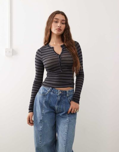 Weekday Weekday long sleeve henley t-shirt in gray & black stripes