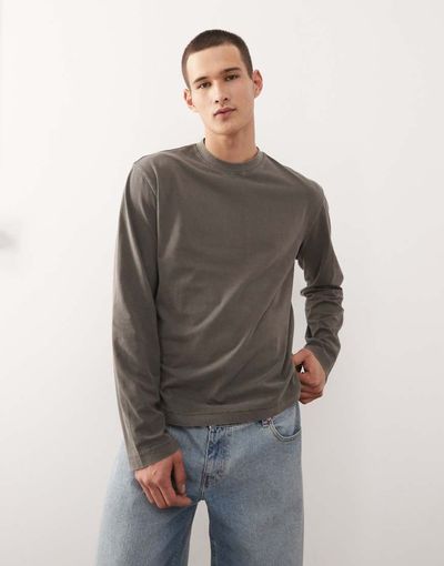 Weekday Weekday lounge relaxed fit long sleeve T-shirt in mole-Gray