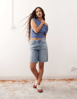 Weekday Weekday low waist knee length denim shorts in blue