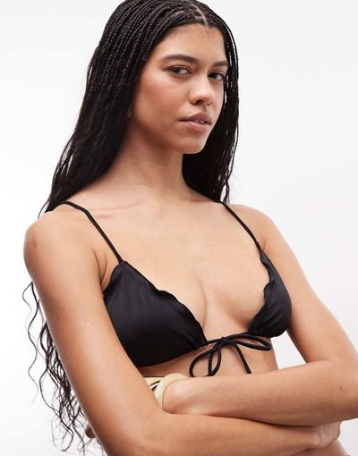 Weekday Weekday mix and match tie front frilly triangle bikini top in black