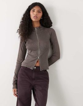 Weekday Weekday mock neck zip through long sleeve top in washed gray