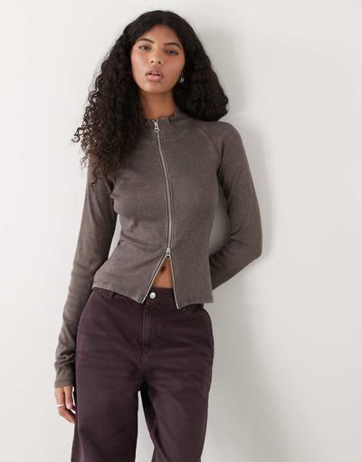 Weekday Weekday mock neck zip through long sleeve top in washed gray