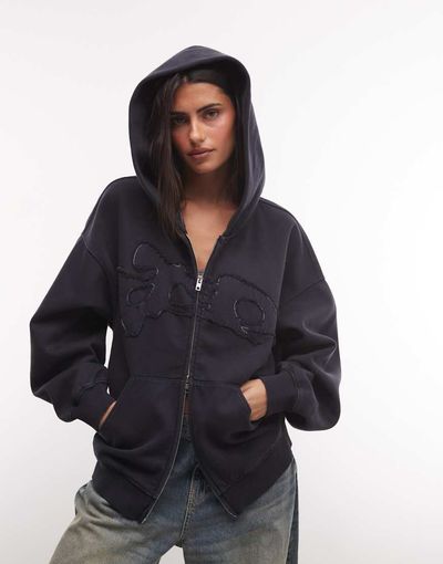 Weekday Weekday oversized hoodie with embroidery detail in dark blue
