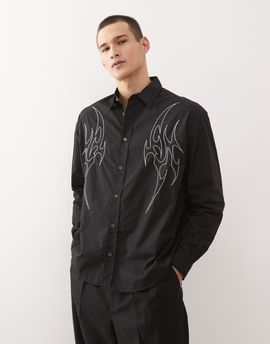 Weekday Weekday oversized shirt with silver embroidery in black - part of a set