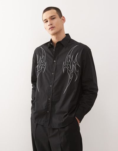 Weekday Weekday oversized shirt with silver embroidery in black - part of a set