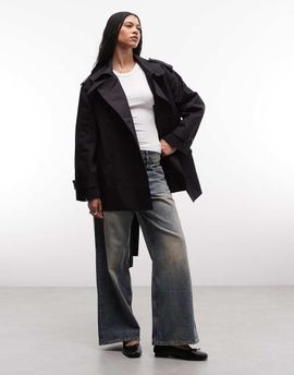 Weekday Weekday oversized short trench coat with funnel collar in black