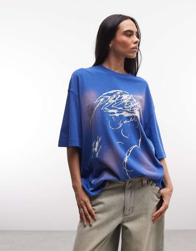 Weekday Weekday oversized t-shirt with spray graphic print in washed blue