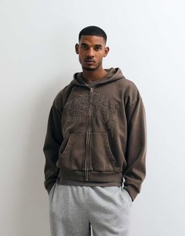 Weekday Weekday oversized zip hoodie with Virtual Mission graphic embroidery in brown