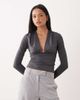 Weekday Weekday plunge long sleeve top in dark gray exclusive to ASOS - 1