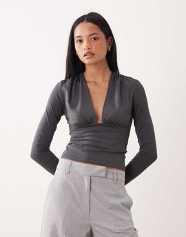 Weekday Weekday plunge long sleeve top in dark gray exclusive to ASOS