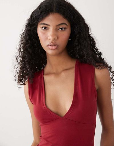 Weekday Weekday plunge V-neck top in cherry red