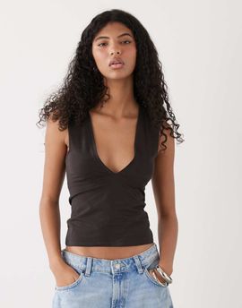 Weekday Weekday plunge v-neck top in dark brown