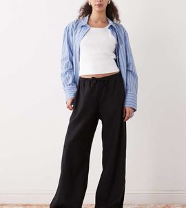 Weekday Weekday pull on linen mix wide leg pants in black - exclusive to ASOS