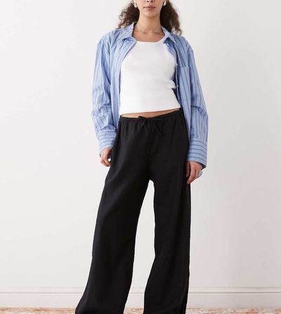 Weekday Weekday pull on linen mix wide leg pants in black - exclusive to ASOS