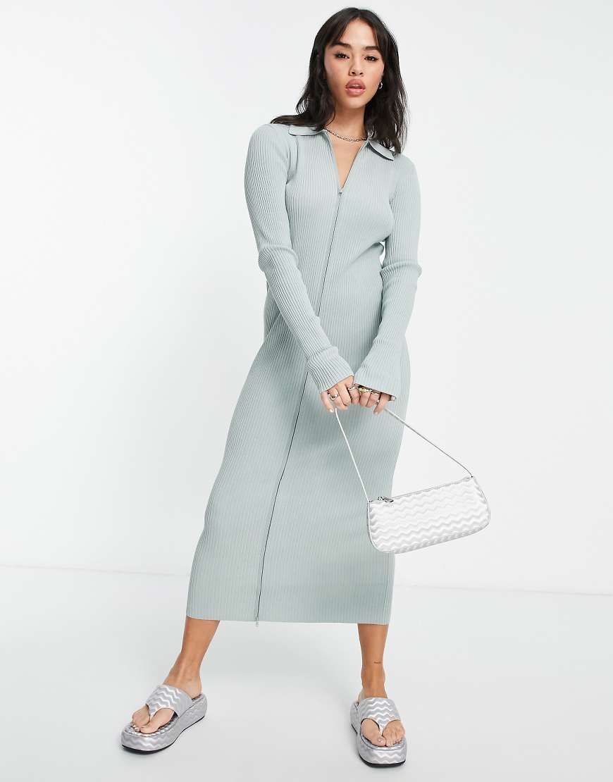 weekday knitted dress - Riana zip front with in gray kiwii_midi_length