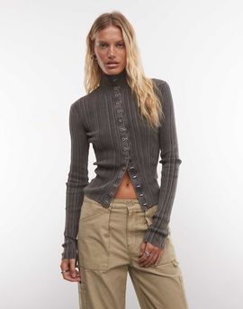 Weekday Weekday rib fitted high neck cardigan with hook & eye detail in dark gray wash
