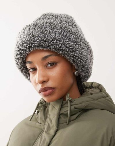 Weekday Weekday shearling hat in gray melange