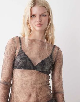 Weekday Weekday sheer mesh slash neck long sleeve top in crinkle print-Gray
