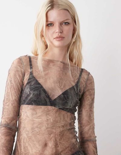 Weekday Weekday sheer mesh slash neck long sleeve top in crinkle print-Gray