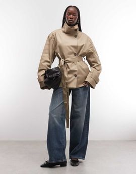 Weekday Weekday short trench with funnel neck in beige exclusive to ASOS-Neutral