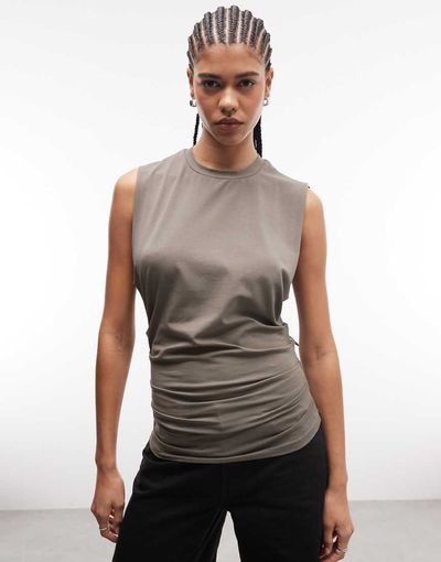 Weekday Weekday sleeveless top with cinch gathered waist in gray