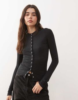 Weekday Weekday slim fit button front long sleeve top in black and gray stripes
