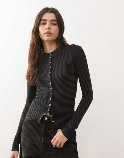 Weekday Weekday slim fit button front long sleeve top in black and gray stripes