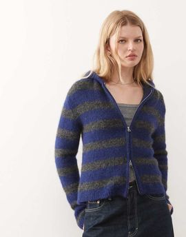 Weekday Weekday slim fit knit hoodie in blue and gray stripes