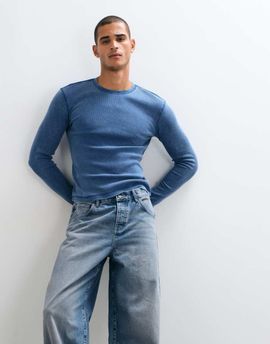 Weekday Weekday slim fit long sleeve rib t-shirt in dark blue wash