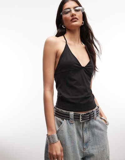 Weekday Weekday slim straps v-neck halter top in black