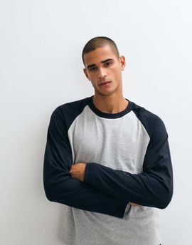 Weekday Weekday slub fabric oversized long sleeve raglan T-shirt in gray and navy