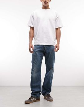 Weekday Weekday Space relaxed fit straight jeans in distressed mid blue wash with dynamo detailing