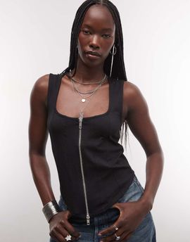 Weekday Weekday square neck zip up corset top in black